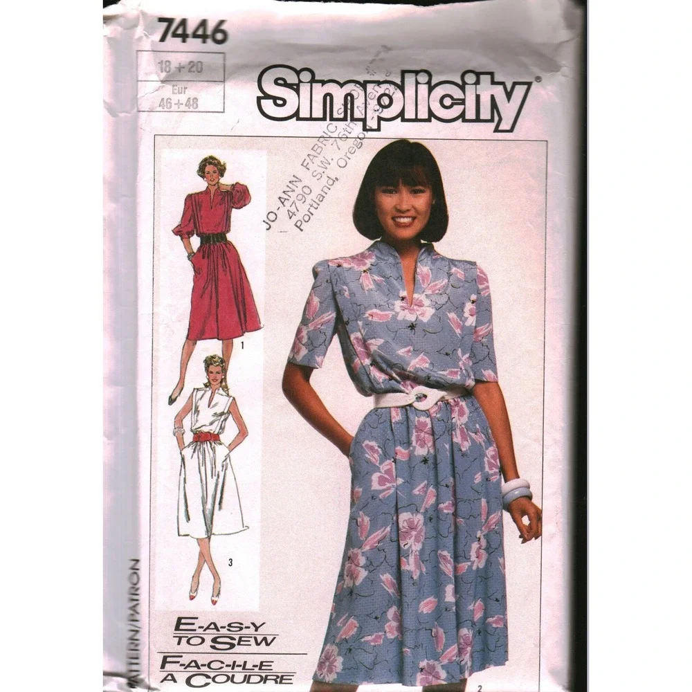 Simplicity 7446 Vintage 80s Pullover Dress Sewing Pattern Size 18-20 Retro Boho